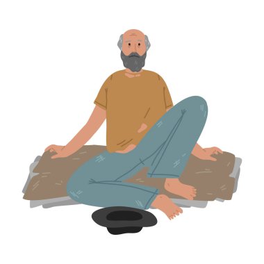 Evsiz, traşsız, yaşlı bir adam yerde oturmuş para istiyor.