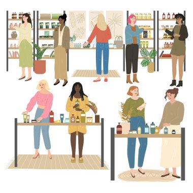 Set of women choosing, trying and comparing different items in cosmetics store clipart