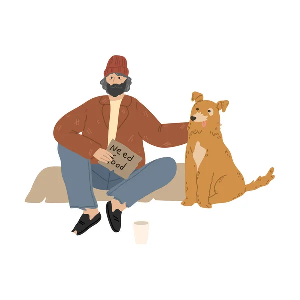 Evsiz bir adam köpekle yerde oturuyor ve para ve yiyecek istiyor. — Stok Vektör