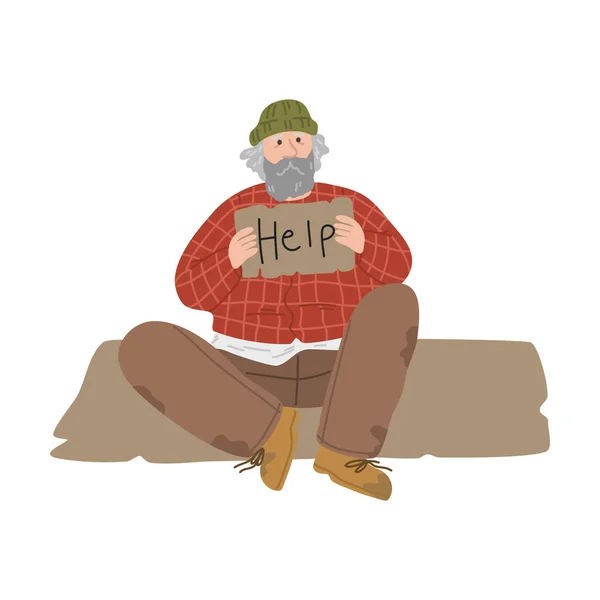 Homeless unshaven dirty man sitting on ground and asking for help — Stock Vector