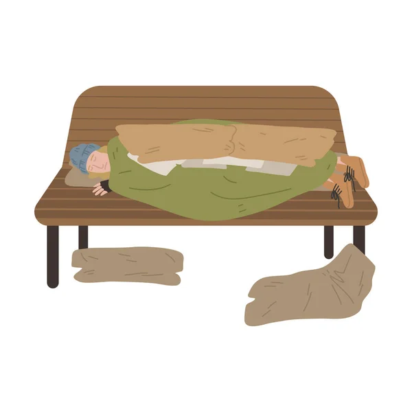 Hombre sin hogar durmiendo en el banco bajo una vieja manta al aire libre — Vector de stock