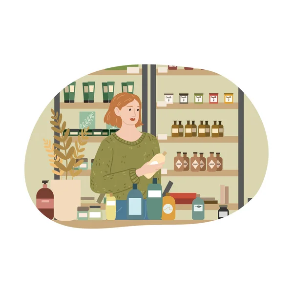 Garota segurando garrafa de produto de cuidados com o corpo escolhido na loja de cosméticos —  Vetores de Stock