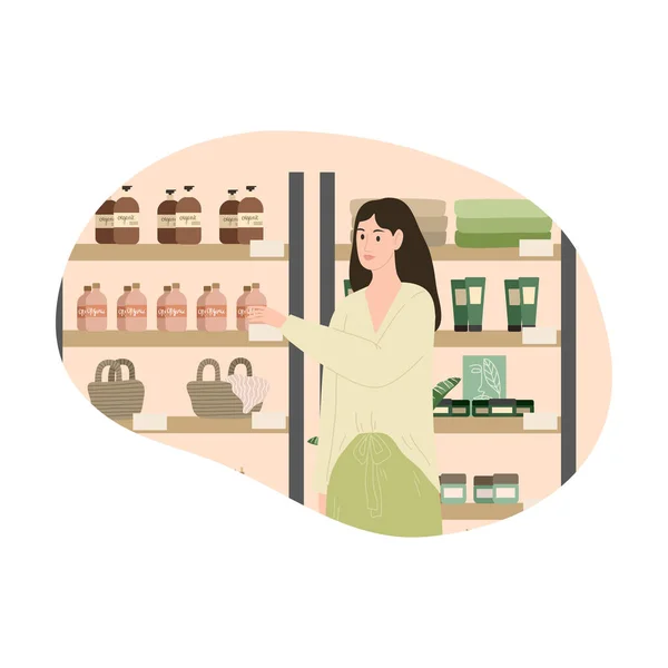 Chica morena elegir productos de cuidado corporal orgánicos en la tienda de cosméticos — Vector de stock