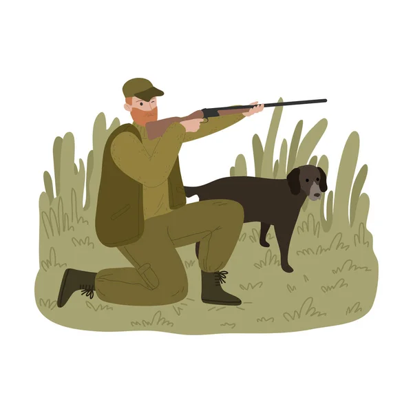 Hombre cazador caza con pistola en la naturaleza al aire libre con perro — Vector de stock