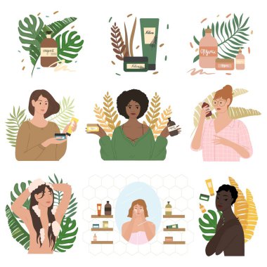 Set of women of different races enjoying using natural organic cosmetics clipart