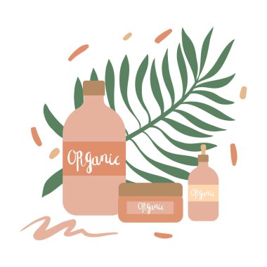 Cilt bakımı için organik kozmetik sertifikalı şişeler ve kavanozlar.