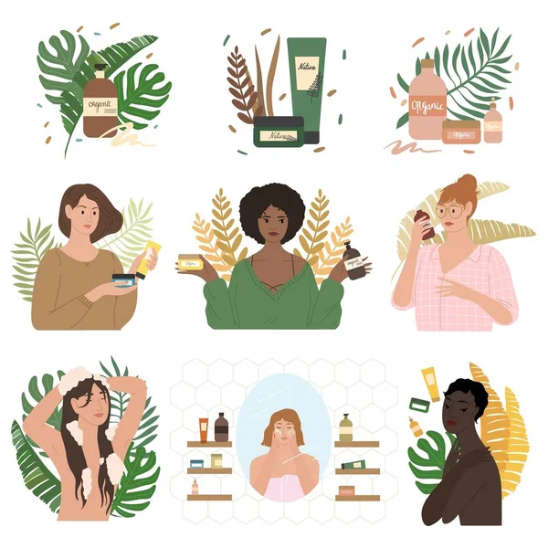 Set of women of different races enjoying using natural organic cosmetics — Stock Vector