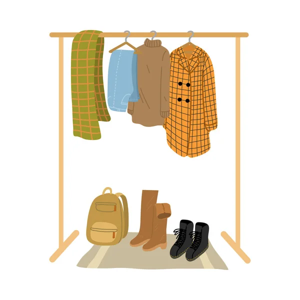 Ferrocarril y perchas para ropa, calzado y accesorios femeninos de otoño e invierno — Vector de stock