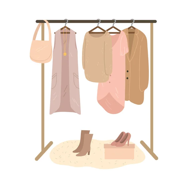 Carril y perchas para ropa, zapatos y bolsos femeninos de color pastel — Vector de stock