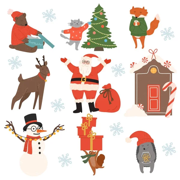 Σύνολο ζώων, διακοσμήσεις και σύμβολα των διακοπών των Χριστουγέννων και της Πρωτοχρονιάς — Διανυσματικό Αρχείο