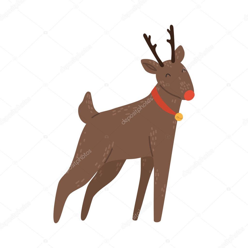 Happy brown deer with Christmas decoration on neck