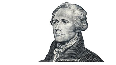 Alexander Hamilton beyaz arka planda izole edilmiş 10 dolarlık banknotu kesti