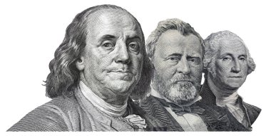 Amerikan başkanlarının portreleri beyaz arka planda izole edilmiş dolar