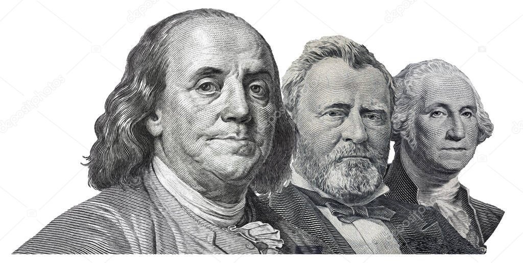 Portraits of USA presidents dollars isolated on white background