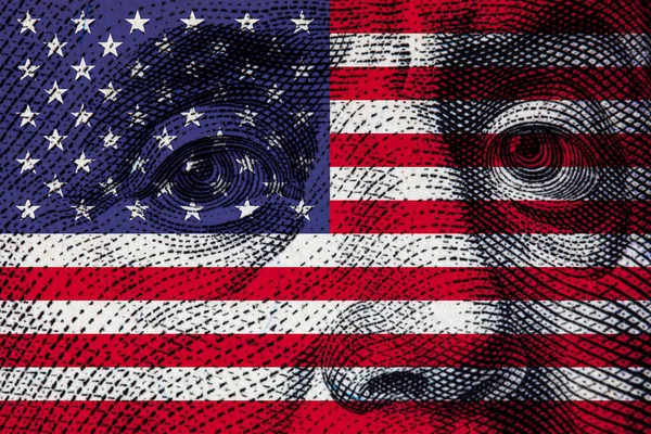 Bendera Transparan Amerika Pada Latar Belakang Tagihan 100 Dolar — Stok Foto