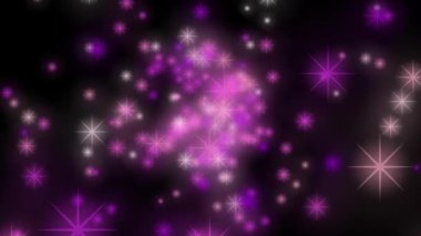 Siyah zemin üzerinde hareket eden sevimli pembe yıldız parçacıkları. Şeffaf bokeh. Kusursuz 4K döngü video animasyonu. Bir sürü ışın görüntüsü olan hareket eden yıldızlar. Dekorasyon ve tasarım konsepti