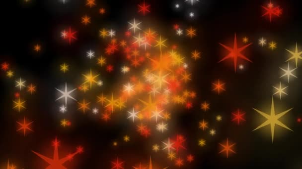 Étoiles brillantes orange colorées en mouvement sur fond noir. Bokeh transparent. Animation vidéo en boucle 4K sans couture. Particules en mouvement avec des images à six rayons. Décoration et concept de design