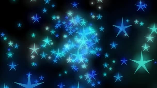 美丽的蓝色闪光的恒星粒子在黑色的背景上运动 透明的Bokeh 无缝化4K循环视频动画 移动的恒星与5射线镜头 装饰和设计概念 — 图库视频影像
