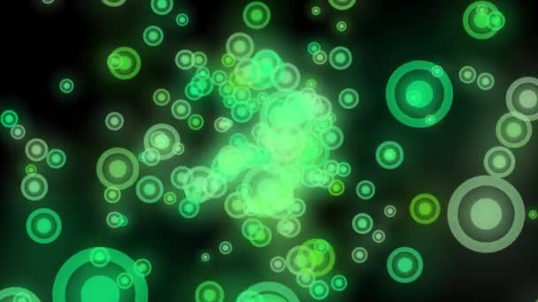 Зелені Яскраві Круглі Частинки Дизайні Руху Чорному Тлі Прозорий Боке — стокове відео