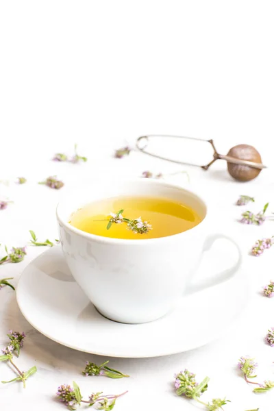 Šálek čaje s tymiánovými květy na bílém pozadí. Pojem lidová medicína. Bylinný nápoj. — Stock fotografie