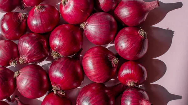 Cultivo Fresco Cebollas Rojas Sobre Fondo Rosa Fondo Cebolla Roja —  Fotos de Stock