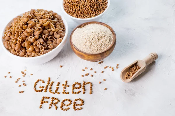 gluten-free products - buckwheat groats, buckwheat flour, buckwheat pasta