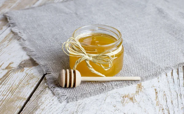 Small Glass Jar Honey Wooden Spoon Close Wooden Background Rustic — Stock Photo, Image