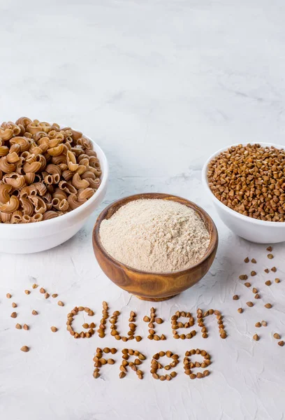 gluten-free products - buckwheat groats, buckwheat flour, buckwheat pasta