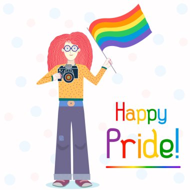 Mutlu Gay Pride kartpostal illüstrasyon. Gökkuşağı bayrağı ve fotoğraf makinesi ile güzel kız.