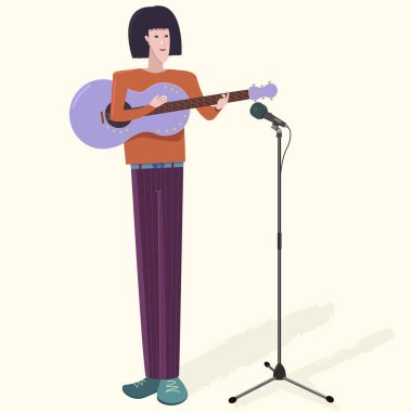 Adam karakter müzisyenle gitar ve mikrofon. Güzel vektör çizim.
