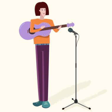 Erkek karakter gitar ve mikrofon ile genç müzisyen. Düz vektör çizim.