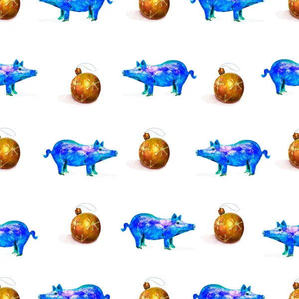 Domuz ve Noel topları ile yeni yıl suluboya seamless modeli