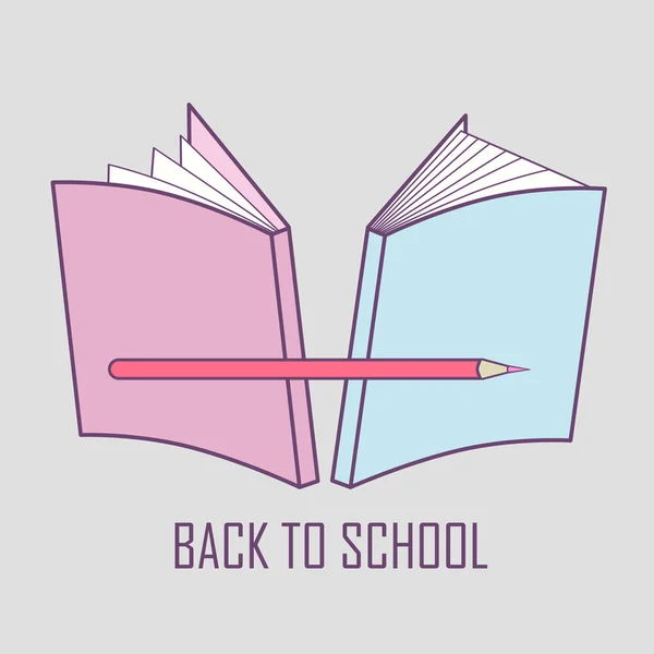 Ilustracja logo delikatny reprezentujących powrót do szkoły. Grafika wektorowa szkoły rzeczy: książki i ołówek — Wektor stockowy