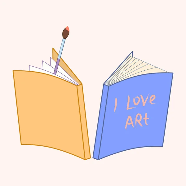 Notebook and paintbrush. hand written lettering I love art. vector illustration — Stock Vector