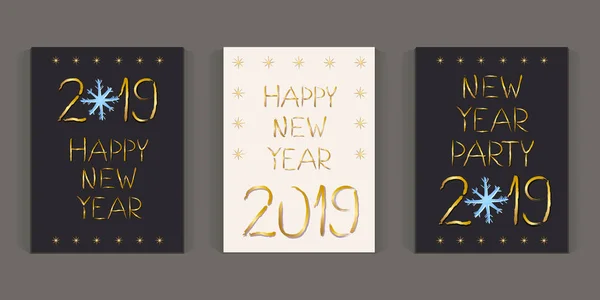 2019 Feliz Año Nuevo tarjetas de felicitación fiesta invitación oro. vector — Vector de stock