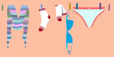 clothesline üzerinde kurutma iç çamaşırı. kadın hipster külotlu çorap, çorap, pantolon ve sutyen. vektör