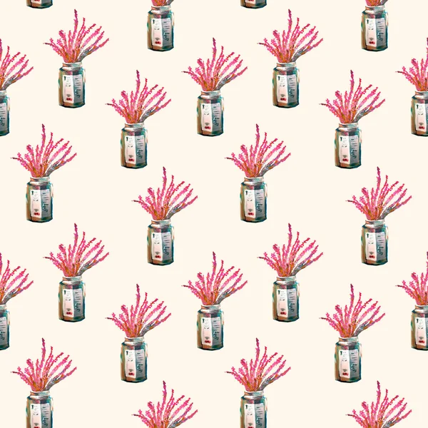 seamless modeli üzerinde açık renkli bir cam kavanoza çiçekli. El akrilik boya yapımı.