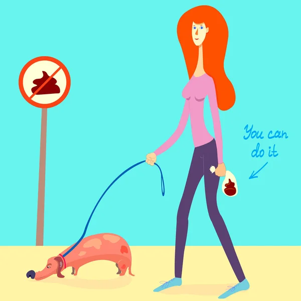 Illustration about picking up your dog's poop. Nice girl picked up a dog's shit and put it into a doggie bag. vector — Stockvector