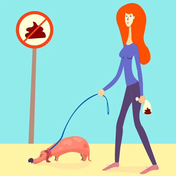 Illustration about picking up your dog's poop. Red haired girl picked up a dog's shit and put it into a doggie bag. no pooping sign. vector — Stock Vector