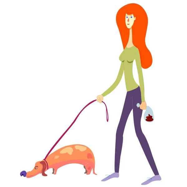 Female person picked up the dog's shit. Red haired girl picking up a dog's poop and put it into a doggie bag. isolated on white vector illustration — Stock Vector