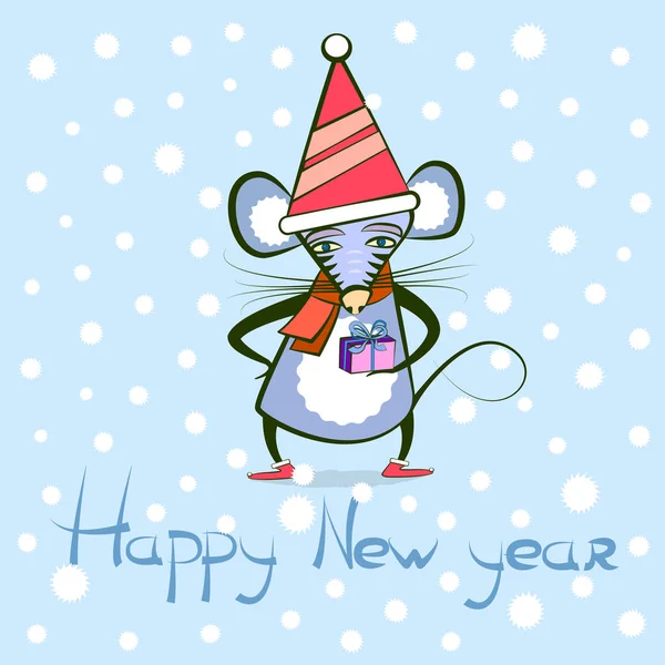 Tarjeta de felicitación - ratón con regalo de año nuevo, símbolo del año 2020 — Vector de stock