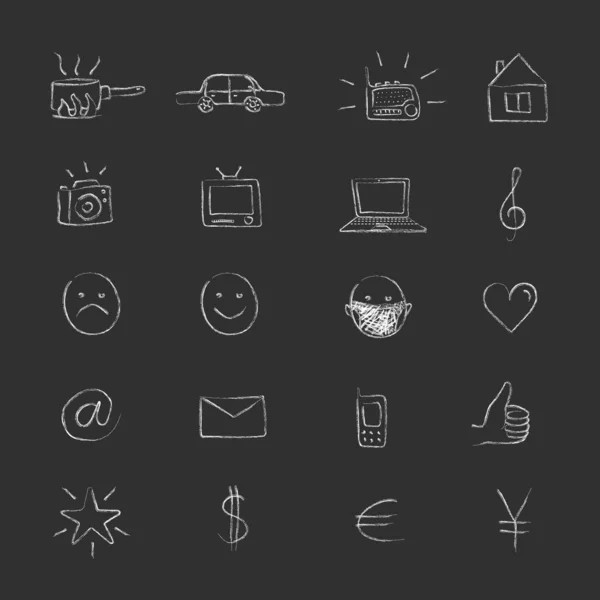 Güzel el yapımı organik ikonlar. Tebeşir çizim stili. 20 çizim seti. Bir web sitesi, kitap, haberci, sosyal ağlar veya basılı materyal için alışılmadık saf lineer resimler