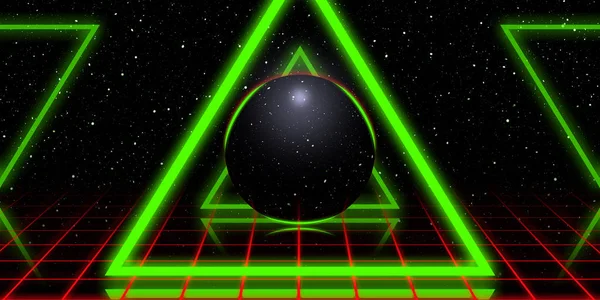Black ball with green neon triangles on a night starry background and a mesh neon red floor.