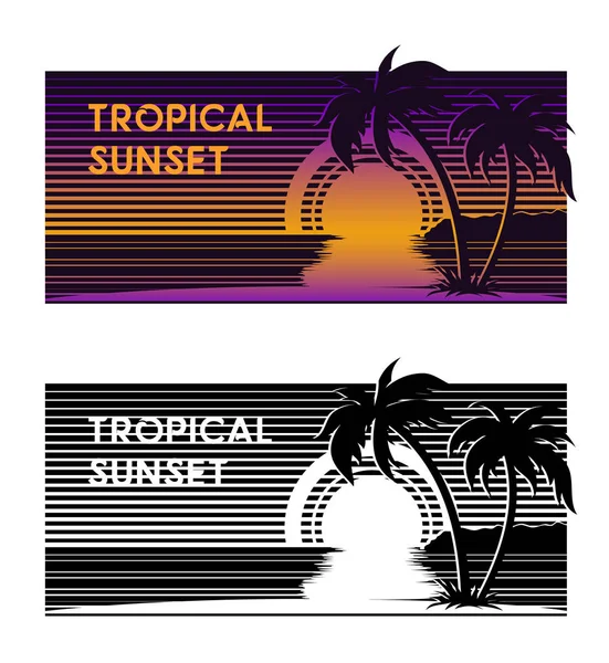 Coucher Soleil Tropical Avec Palmiers Bannière Vectorielle Stylisée Avec Coucher — Image vectorielle