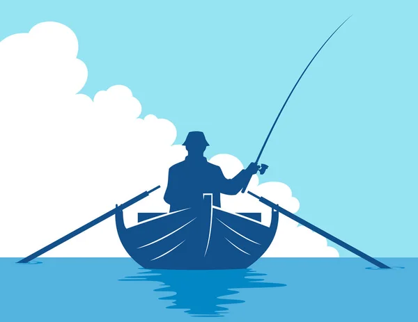 Pescador Uma Silhueta Barco Fundo Azul Céu Ilustração Vetorial Homem —  Vetores de Stock