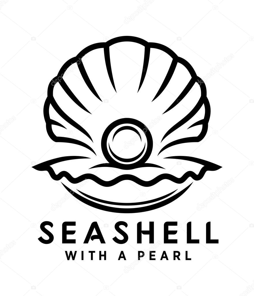 Pearl in sea shell vector icon. Outline silhouette of open seashell with a pearl inside.