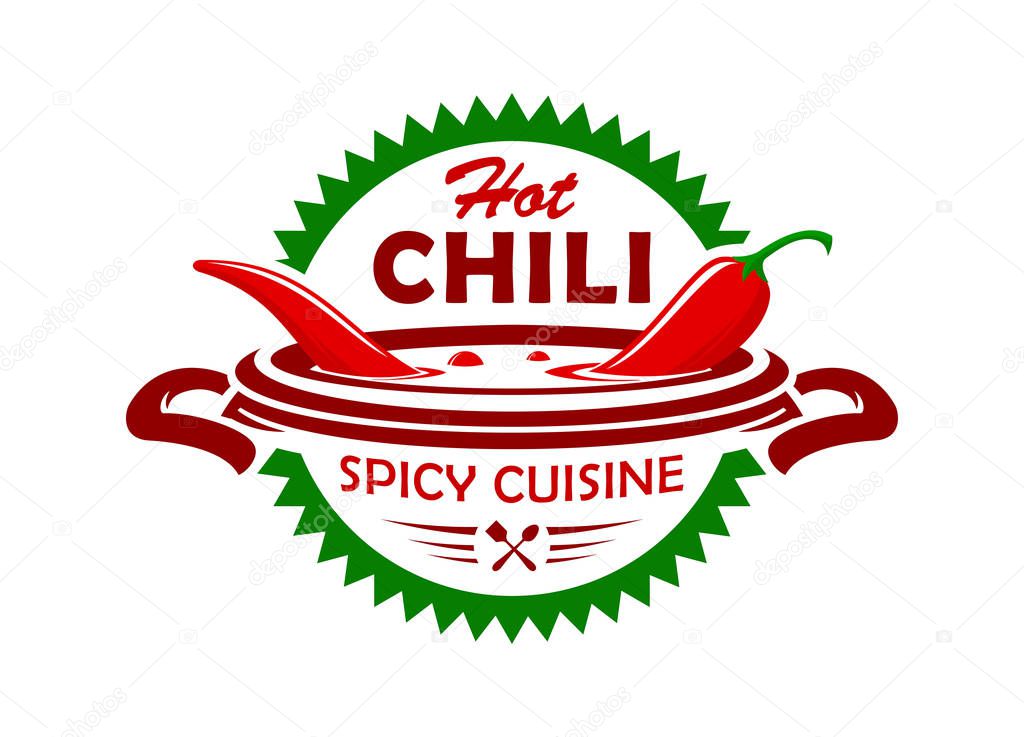 Vector emblem with red chili pepper boiling in soup. Hot spicy cuisine stylized icon.