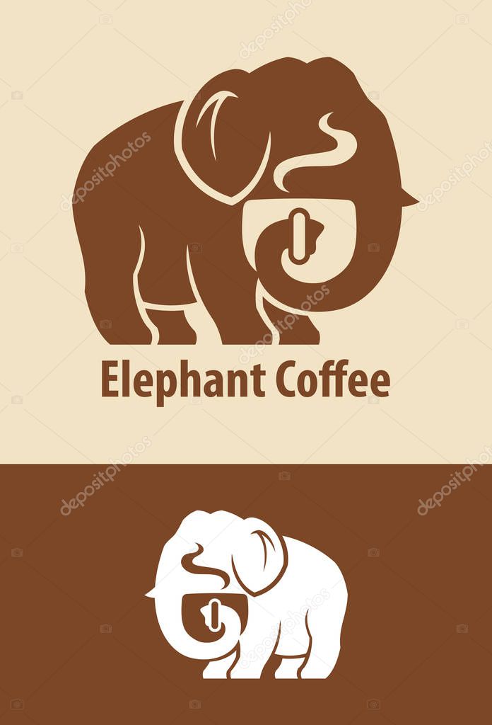 Vector silhouette of elephant character with coffee cup.