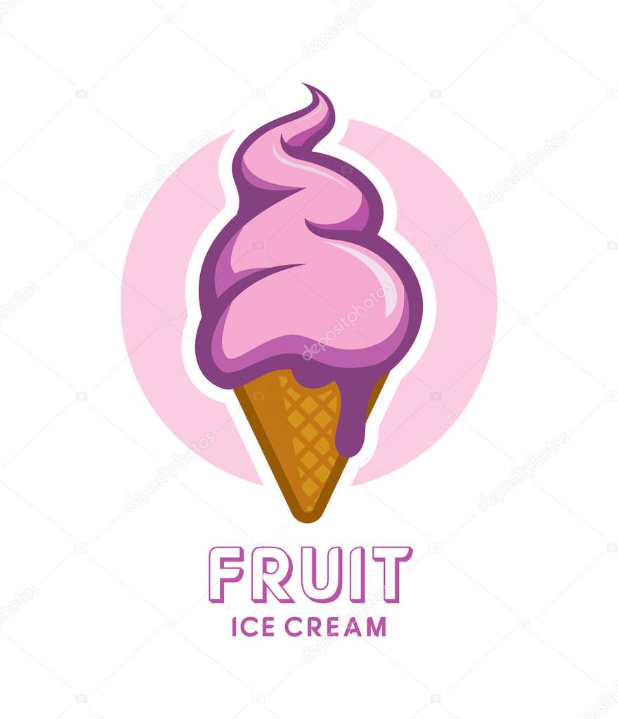 Fruit or berry ice cream in waffle cone. Cartoon ice cream icon.