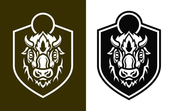Cuernos cortos de búfalo cabeza siluetas en escudo — Vector de stock
